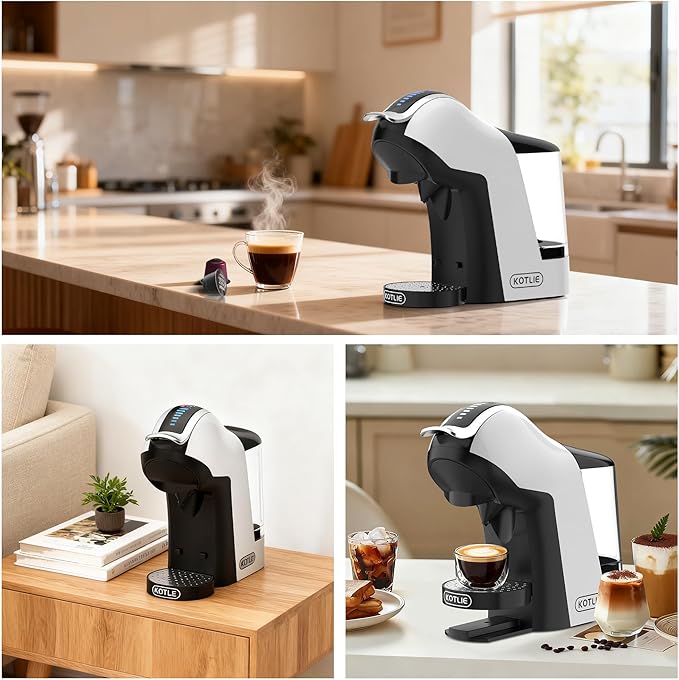 KOTLIE EM-308B Espresso Machine, Single Serve Coffee Maker Compatible with Multiple Capsule Types, Ground Coffee, and ESE Pods, 3 Temperatures, 7 Water Volume Levels, 34 Oz（White）
