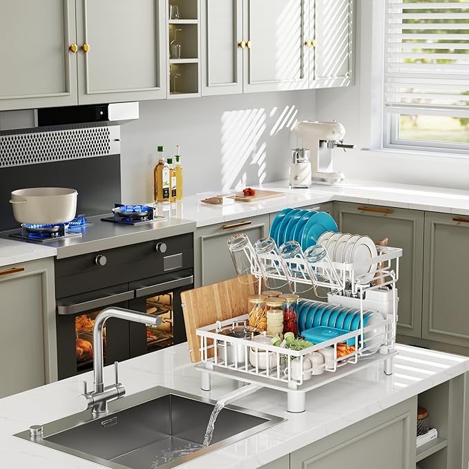 Dish Drying Rack, 2 Tier Dish Racks for Kitchen Counter, Compact Dish Drainer Rack, Detachable Dish Rack with Drainboard, Utensil Holder, Cup Holder for Small Space - White