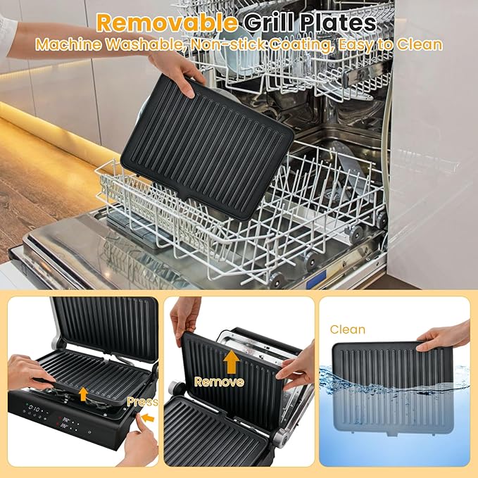 KOTEK Panini Press Sandwich Maker, 1200W 4 Slice Sandwich Toaster, Removable Drip Tray & Non-Stick Coated Plates, Open 180°, 3-In-1 Electric Indoor Grill w/5 Auto Modes, Temperature Control & Timer
