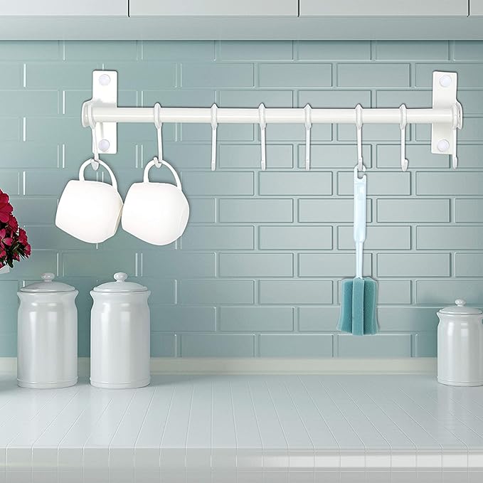 Dseap Kitchen Utensil Holder Hanger, Pot and Pan Rack Wall Mount, Kitchen Rail with 8 Hooks for Hanging Cooking Utensils, Mugs, Spoons, Wall Mounted, Stainless Steel, White