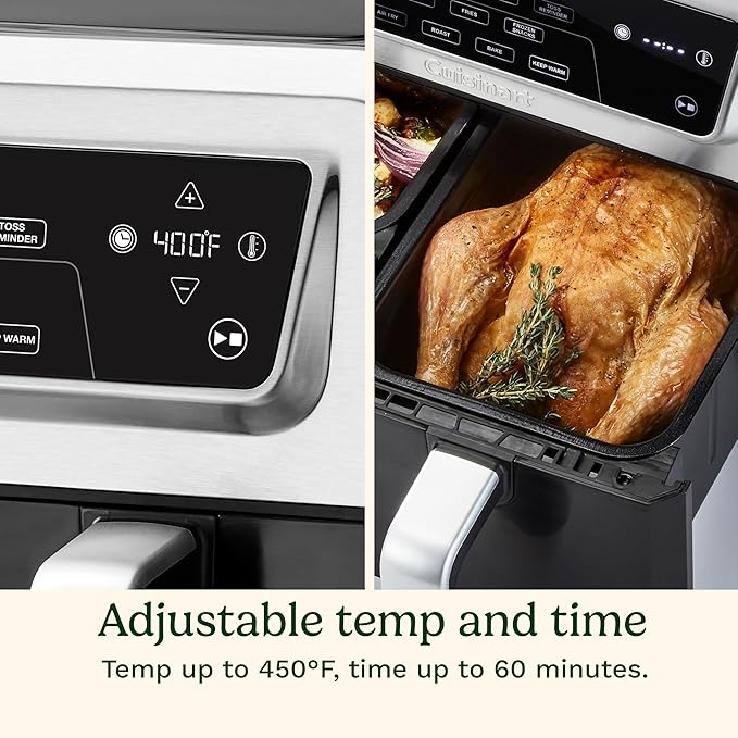 Cuisinart Dual Basket Air Fryer, 2-4.25 QT Baskets, Total 8.5 QT, 4 Functions Air Fry, Roast, Bake and Keep Warm, Features Sync Finish and Sync Settings, Toss Reminder, Auto Warm Mode and Auto-Pause