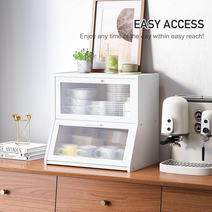 GHWIE Double Layer Bamboo Bread Box for Kitchen Counter,Large Capacity Bread Storage Bin,Bread Container with Acrylic Wavy Door Panel (White, Extra Large)