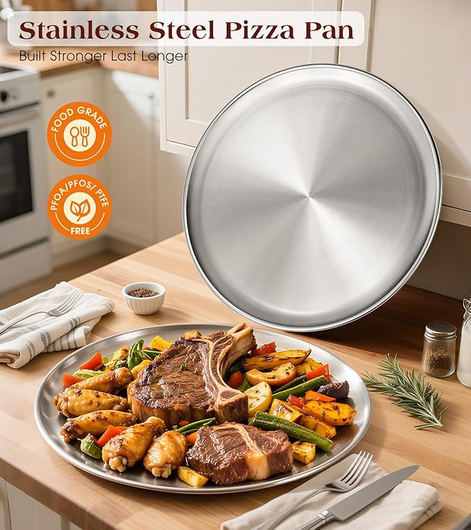 Yuiicaov Stainless Steel Pizza Pan 14 inch, Pizza Pan for Oven, Steel Pizza Tray, Thick Round Pizza Plate Pizza Baking Sheet, Easy Clean & Dishwasher Safe, Set of 1