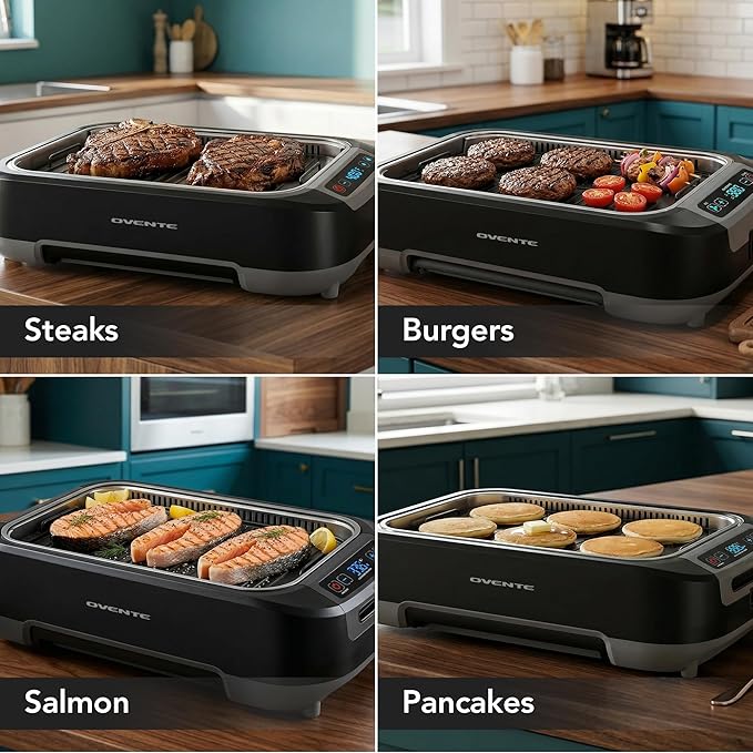 OVENTE Smokeless Indoor Grill, 1500W Electric Portable Korean BBQ Grill with One-Touch Control, LED Smart Display, Tempered Glass Lid, Two Removable Non-Stick and Dishwasher Safe Plates, Black SGR85B