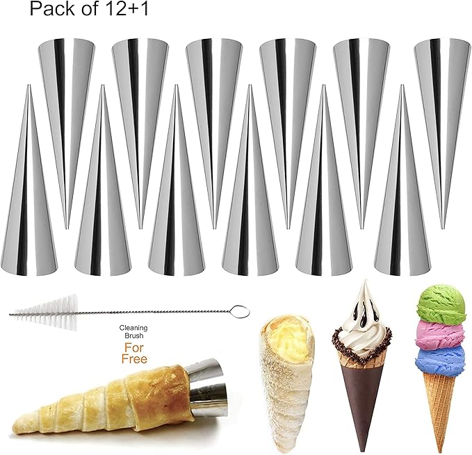 Joyeee 12 Pack Small Cream Horn Molds Stainless Steel, 3.4 Inch Mini Size Cone Shaped Cream Horn Forms with Cleaning Brush, Baking, for Christmas Party, Wedding Desserts, Festive Dinners