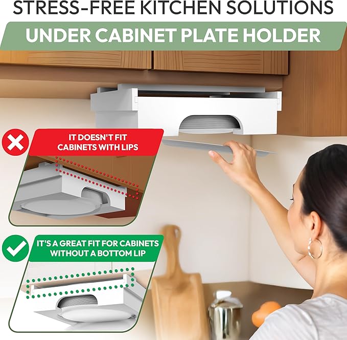 10 inch Paper Plate Dispenser Holder Bamboo Under Cabinet Vertical Rack for Kitchen Countertop Organizer Space Saver Shelf Lid Holder Counter Storage Can Dispenser Pantry Aid Caddy Estante (White)