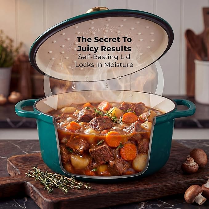 Zulay Kitchen 6.4 Quart Enameled Cast Iron Dutch Oven Pot with Lid Oven Safe up to 500°F. Heavy-Duty Enameled Cast Iron for Sourdough Bread Baking, Stews, Braising & Roasting, Soup Pot with Lid - Emerald