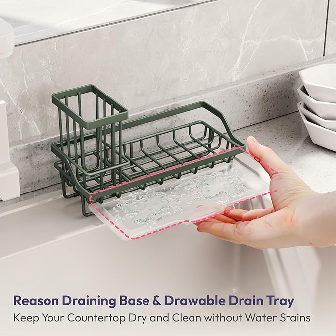 SWTYMIKI Sink Caddy Sponge Holder - Kitchen Sink Organizer with High Brush Holder for Countertop to Hold Dish Soaps and Sponges, Stainless Steel, Green