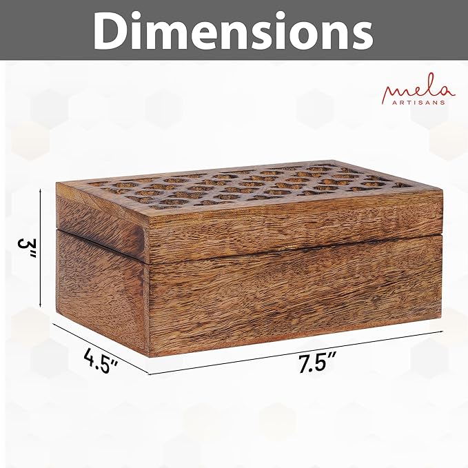 Mela Artisans Medium Burnt Wooden Keepsake Box | Handmade Decorative storage box for Jewelry, Photos & Letters | Trinket Storage Box with Hinged Lid |Medium | Trellis Design | 7.5 x 4.5 x 3