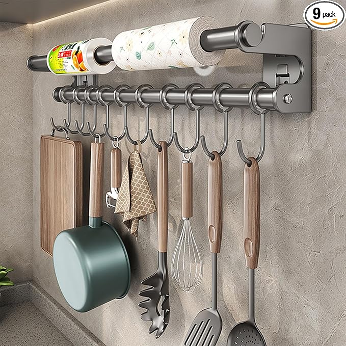 Kitchen Utensil Hanger, Adhesive Kitchen Utensil Rack Holder Wall Mount, 304 Stainless Steel Pots and Pans Hanging Rack with 8 Sliding Hooks, Space Saving and No Drilling, Gray