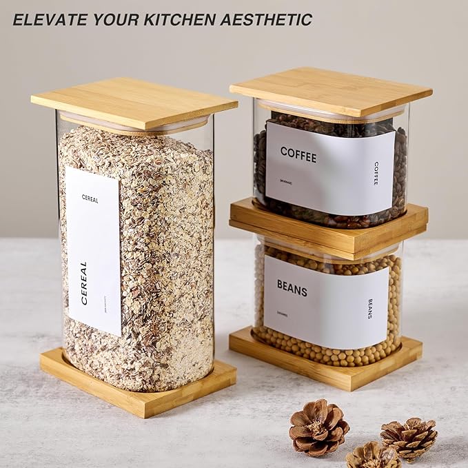 Glass Storage Jars with Bamboo Lids, 100oz Square Food Storage Containers for Kitchen Pantry Organization, Storage Canisters with Labels for Cereal Flour Beans Tea, Large Spice jars Seasoning Bottles