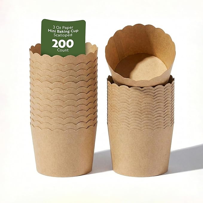Restaurantware Panificio Premium 3 oz Kraft Paper Mini Baking Cup: Paper Baking Cups Perfect for Muffins Cupcakes or Mini Snacks - Scalloped - Disposable and Recyclable - 200ct Box