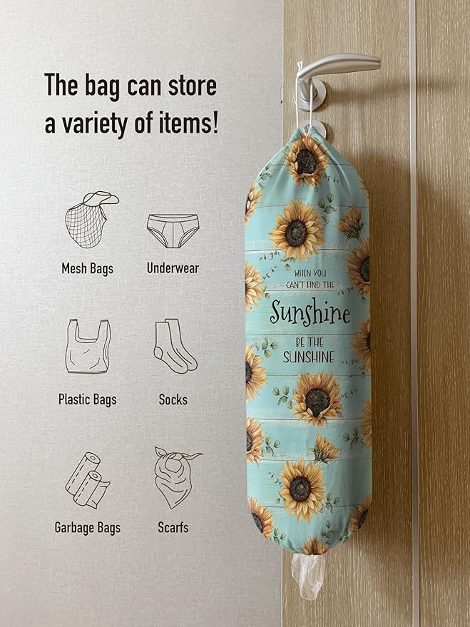 Hglian Sunflower Plastic Bag Holder Dispenser-Be The Sunshine Grocery Bag Organizer Storage Container for Shopping Trash Bags,Teal Motivational Kitchen Décor,Gifts for Women