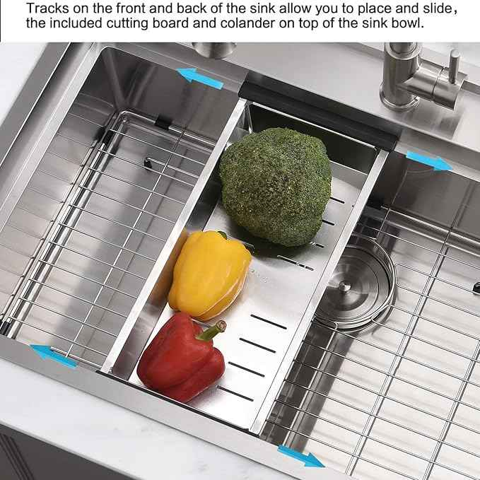 33 Inch Drop In Kitchen Sink Workstation - VOKIM 33X22 Inch Drop In sink Stainless Steel Splash Guard 16 Gauge 10'' Deep Single Bowl Handmade Topmount Sink with Cutting Board& Strainer