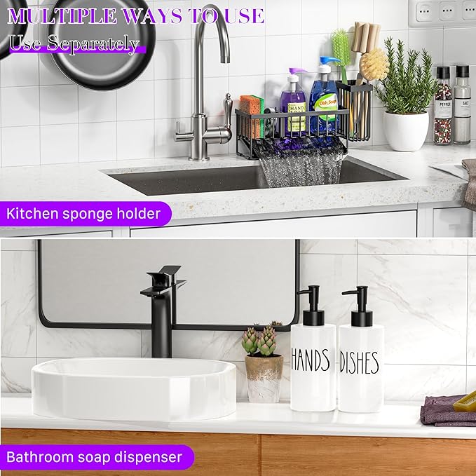 MASADI Kitchen Dish Soap Dispenser Set with Sponge Holder, 12OZ Glass Bottle, Hand and Dish Soap Dispenser Set, Non-Slip Silicone Pad, Brush Holder, Kitchen Sink Organizer Countertop (Black+White)