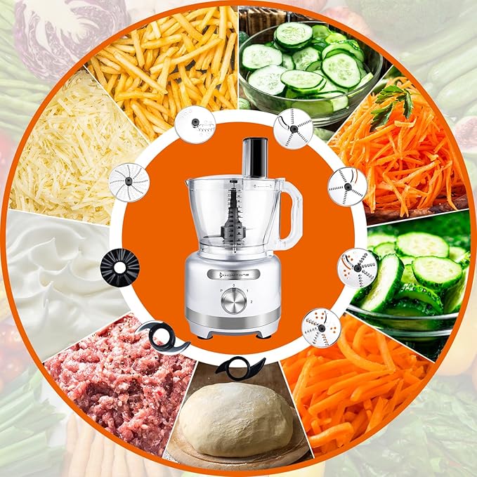 Homtone Large Food Processor 16-Cup 9-IN-1 Food Processing for Home Meal Prep, 3-Speed, 7 Blades for Shredding, Slicing, Chopping, Kneading, Emulsifying, French Fry Disc, Dishwasher Safe, Silver