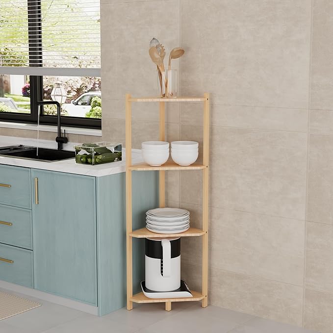 Wisuce Corner Shelf, 100% Real Bamboo Shower Corner Shelves Free Standing Shelf Storage Organizer for Bathroom Living Room Kitchen (Natural, 4 Tier)