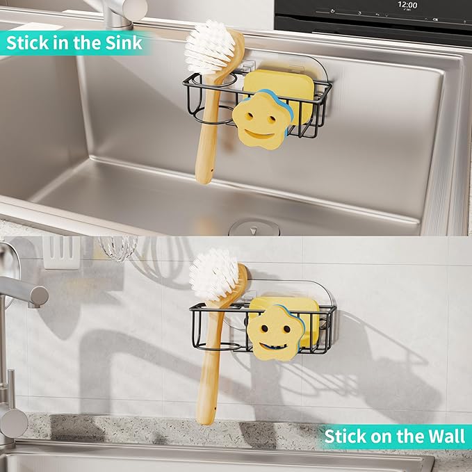 HapiRm Sink Caddy Sponge Holder - No Drill Kitchen Sink Organzier with Smiley Face Sponge Holder, Rustproof and Waterproof Kitchen Organizer - Black