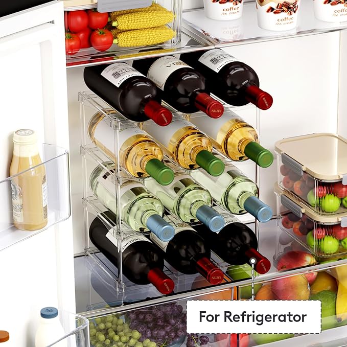 Lifewit Stackable Bottle Storage Organizer, Clear Freestanding Wine Holder for Cabinet, Large Slot Water Bottle Tumbler Cup Organizer for Pantry, Plastic Wine Rack for Fridge Cellar, 4Tier Hold 12