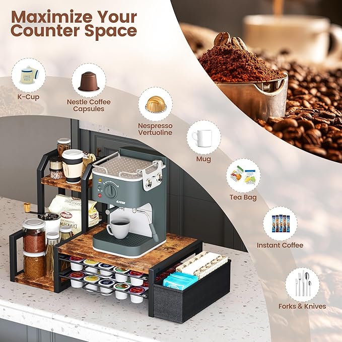 Homeiju Coffee Pod Holder Drawer for K-Cup, Nespresso Pods Holder with Side Basket，K Cup Holder Holds 60 K-Cups & 10 Syrup Bottles, Sliding Storage Drawer and Countertop Storage