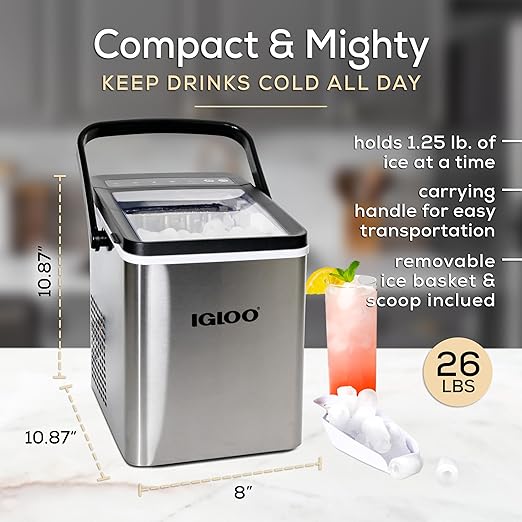 Igloo Handled Portable Ice Maker with Scoop- Ice Maker with LED Control Panel & 1 Quart Water Tank-Ice Cube Maker Produces 26 Lbs of Ice in 24 Hours with 9 Large or Small Cubes In 7 Minutes- Stainless