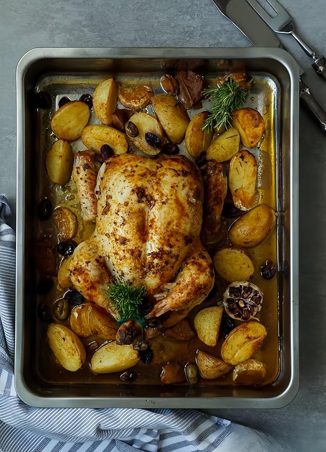 Stainless Steel Sturdy Roasting Pan with Cooling Rack – Oven, Toaster & Grill Safe, Deep Edge, Smooth Finish, Dishwasher Safe – Perfect for Turkey, Chicken, BBQ (19.5x13.6x2.8in)