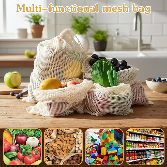 Larrel 6 Pack Reusable Mesh Produce Bags, Multi-Size Vegetable Bags Set with Drawstring, Washable Portable Mesh Grocery Bag for Vegetables Fruits Grocery Shopping Refrigerator Storage Travel