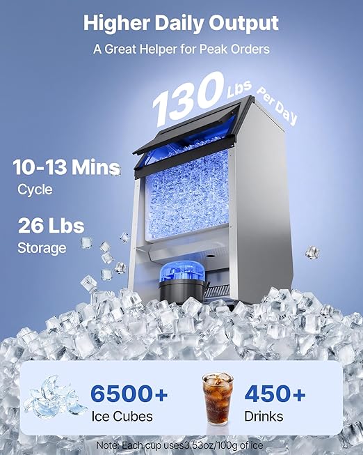 VEVOR Commercial Ice Maker Machine, 130 lbs/24h with 26 lbs Storage Capacity, Moon-Shaped Ice，Built-in/Freestanding/Under Counter, Ice Maker with LED Display & Self-Cleaning, for Home Bar Restaurant