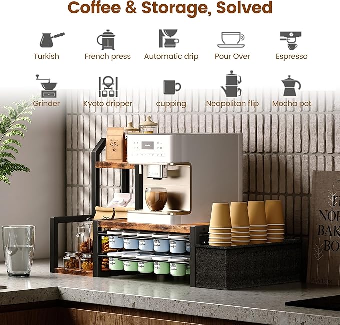 Homeiju Coffee Pod Holder Drawer for K-Cup, Nespresso Pods Holder with Side Basket，K Cup Holder Holds 60 K-Cups & 10 Syrup Bottles, Sliding Storage Drawer and Countertop Storage