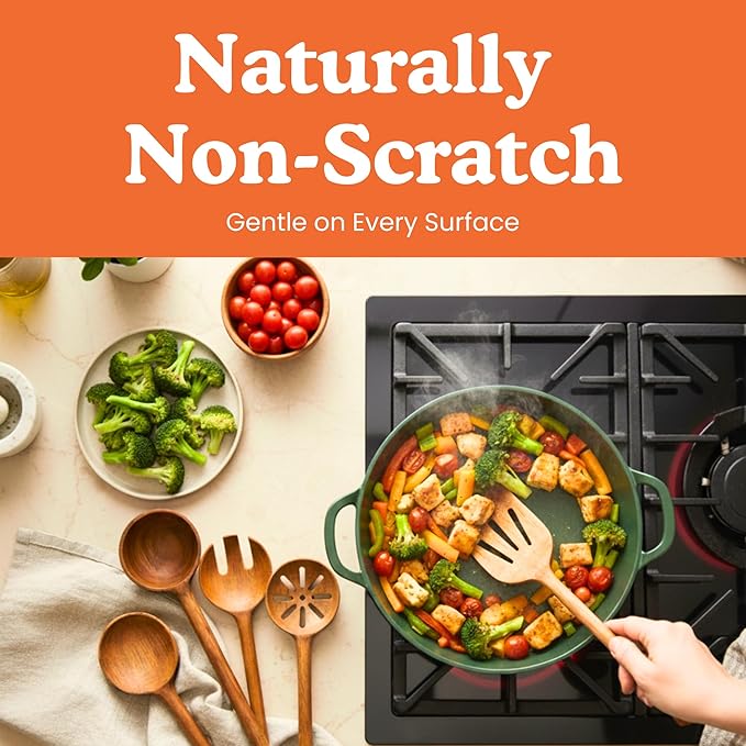Non-Toxic Wooden Spoons for Cooking– 7-Piece Kitchen Utensils Set, Glue-Free & One-Piece Cooking Utensils, Natural Wooden Utensil Set with Plant-Based Finish, Free of Forever Chemicals