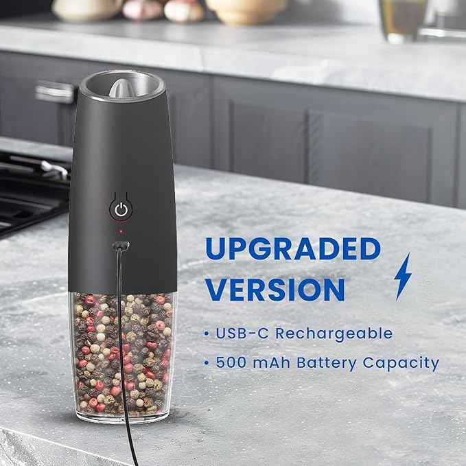 Rechargeable Electric Salt and Pepper Grinder set of 2, gravity electric salt and pepper grinder set, Adjustable Roughness, LED Light, 2 Pack, (Black)