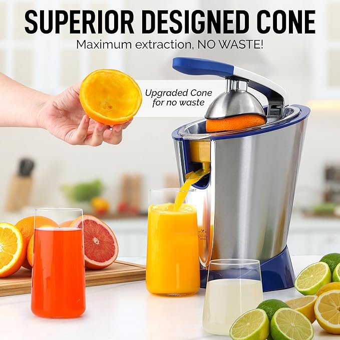 Zulay Electric Citrus Juicer - Makes Fresh Orange, Lemon, Grapefruit, Lime Juice - Stainless Steel, 160W Powerful & Quiet, Interchangeable Cones -Filters Out Seeds & Pulp- Dishwasher Safe Parts - Blue