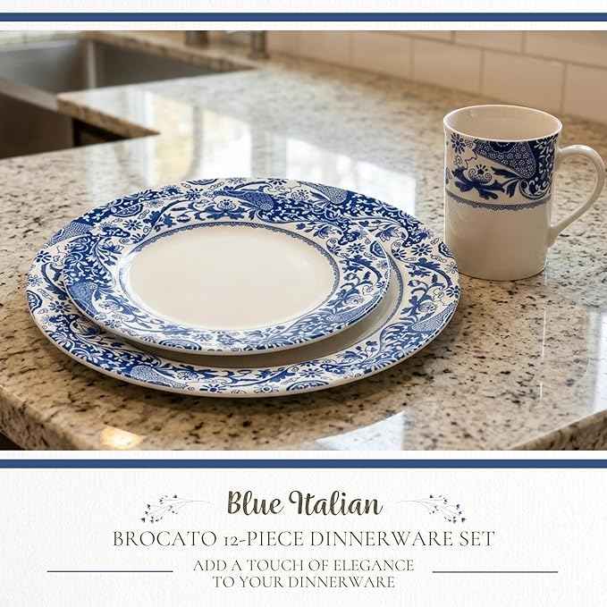 Spode Blue Italian Brocato 12 Piece Dinnerware Set | Service for 4 | Dinner Plate, Salad Plate, and Mug | Made of Fine Earthenware | Microwave and Dishwasher Safe