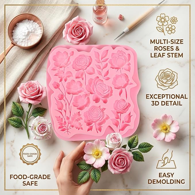1 Pcs Beautiful Rose Silicone Mold, Food-Grade Romantic Floral Wedding Cake Decoration Fondant Mold, for Chocolate Candy Sugar Crafts Flower Paste Dough Chewing Gum Resin Crafts Plaster Clay