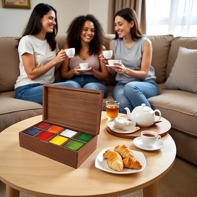 Acacia Wood Tea Bag Organizer Box – 8-Compartment Tea Storage Container Tea Caddy Holder with Removable Dividers – Rustic Tea Chest for Kitchen Counter, Coffee & Tea Station, Gifts