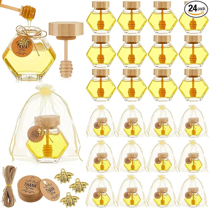 Pickmesh 24 Pcs Hexagonal Glass Honey Jars with Spoon, 3.38 oz Honey Dispenser with Wooden Spoon Bee Charm Thank You Card Organza Bag Mini glass Jars for Baby Shower Wedding Party Favor Decorations