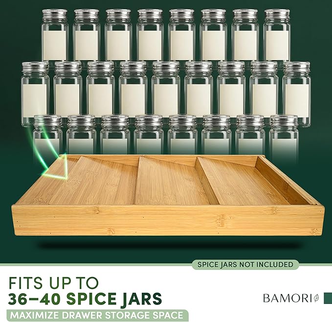 Bamboo Spice Drawer Organizer – Expandable 4 Tiered Spice Rack Insert for Kitchen Drawer – Premium Bamboo Seasoning Organizer for Drawer Storage (Need 3" Deep Drawer)