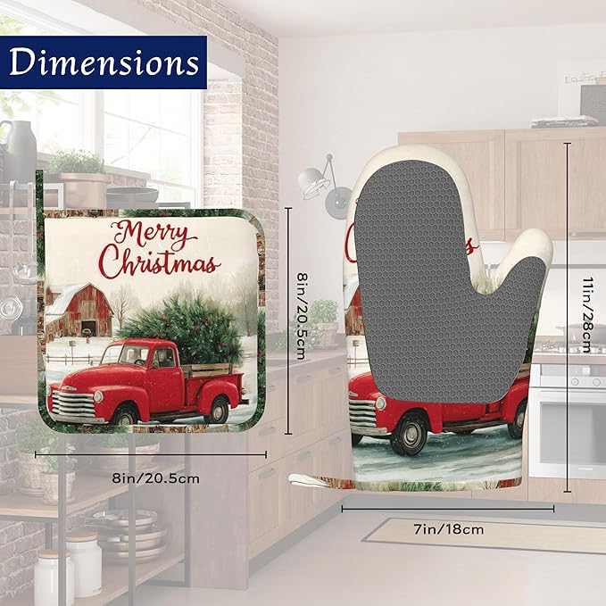 Red Truck Tree Pot Holders and Oven Mitts Set Silicone Winter Merry Christmas Kitchen Gloves Potholders Heat Resistant Washable,Chef Cooking Baking Gifts for Women Men Bakers Lover Cooks