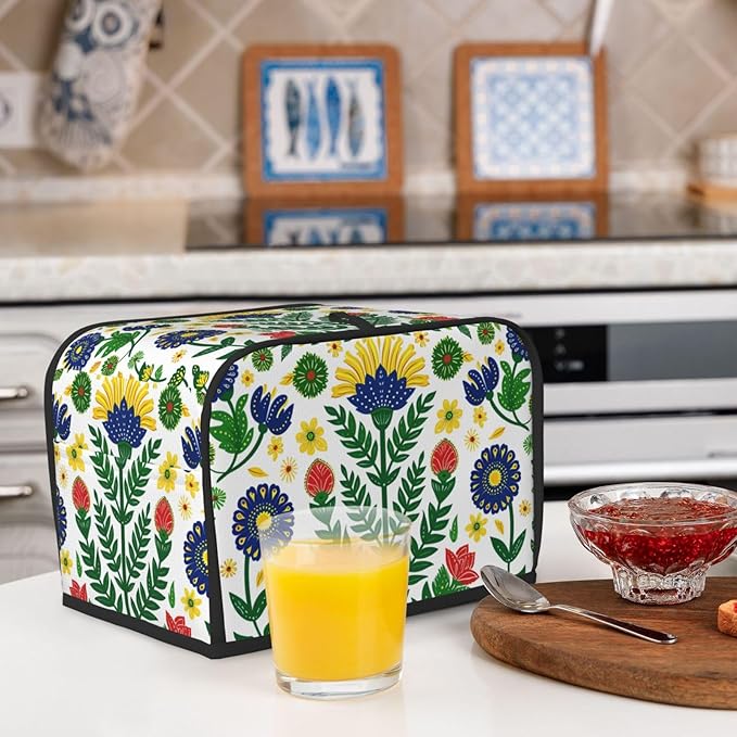 Mexican Folk Flowers Toaster Cover 2 Slice, Cute Rural Bread Machine Cover, Washable Dust-Proof Cover for Kitchen Small Appliance Cover,with Top Handle