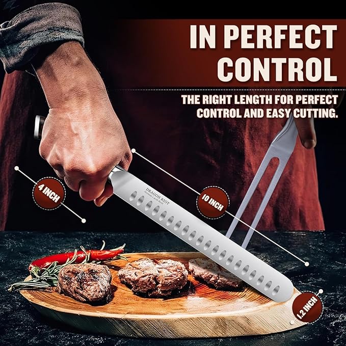 DRAGON RIOT 10 inch Premium Brisket Knife, Razor Sharp Carving Knife with Ergonomic Handle Design, Granton Edge, Hand Forged Brisket Slicing Knife for Meat and BBQ Cuting Gift for Men