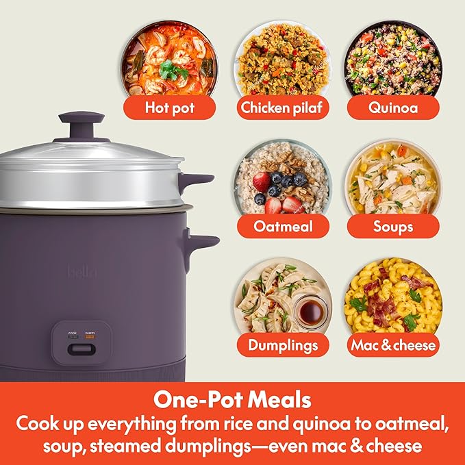 bella 16 Cup Rice Cooker with Steamer, Dishwasher Safe Steaming Basket, Rice Paddle and Measuring Cup, Removable Nonstick Cooking Bowl, Automatic Keep Warm Function, 400 Watt, Plum