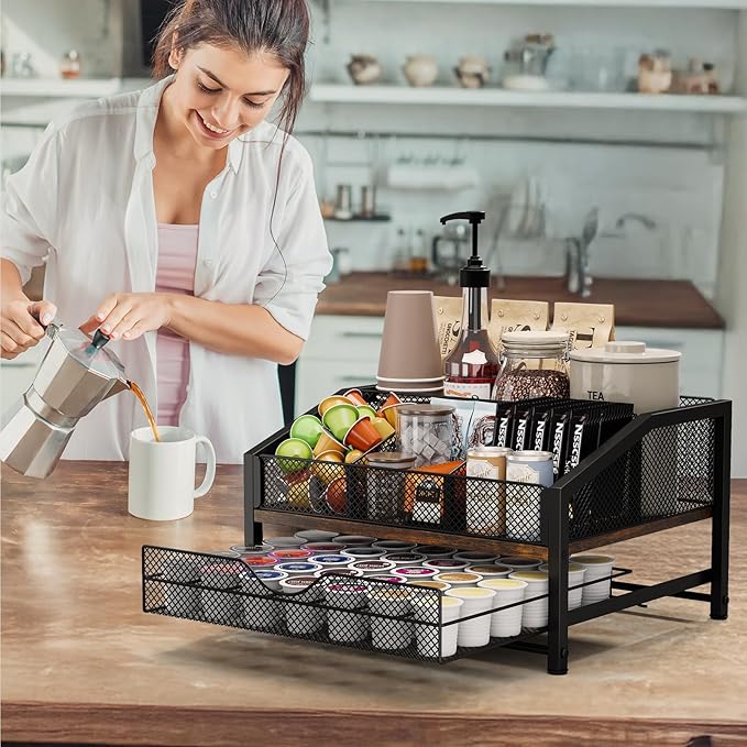 Homsorout Coffee Bar Organizer - Coffee Station for Countertop, Metal and Wood K Cup holder Storage Basket with Drawer for Syrup, Cups, Stirrer, Condiment, Tea Organizer, Brown