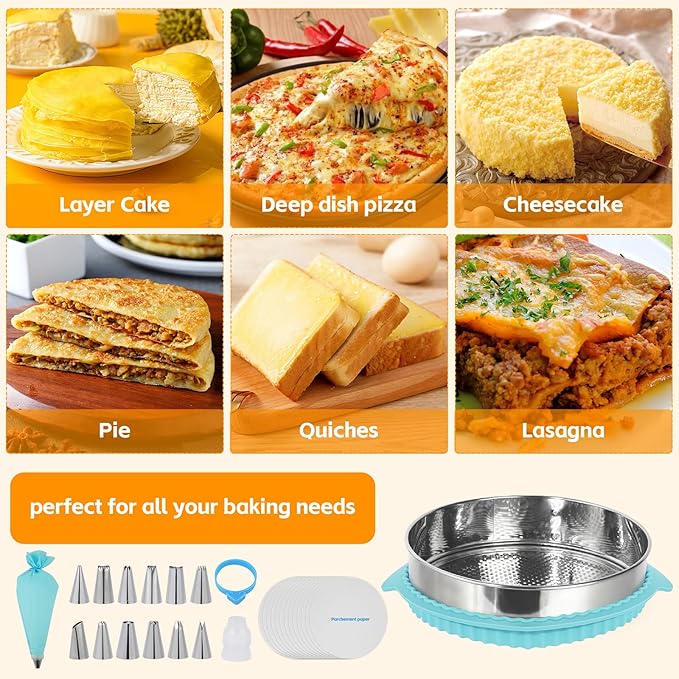 Aufind 10 Inch Springform Pan for Baking, 304 Stainless Steel Cheesecake Pan with Removable Bottom, Includes 12 Piping Tips and 50 Parchment Papers for Pie Cake Pizza and Quiches(10" Cake pan)