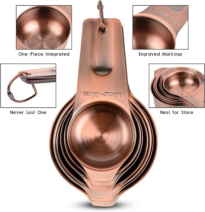 Copper Measuring Cups and Spoons Set 17, Stainless Steel Measuring Cups and Spoons for Dry & Liquid, Metal 7 Measure Cup and 9 Measure Spoon with 1 Leveler for Kitchen & Baking