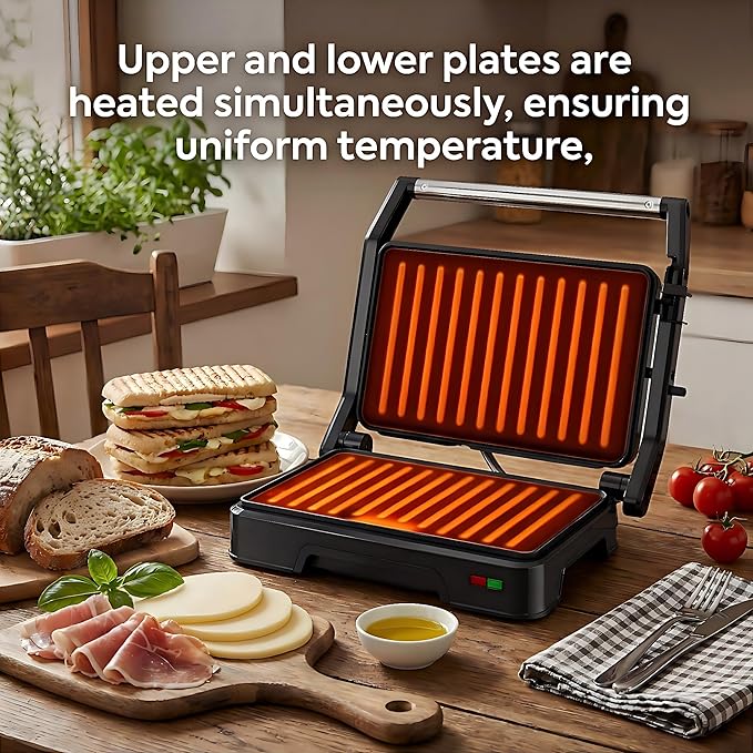 KEINVE Panini Press Grill & Sandwich Maker - 2-Slice, 180° Adjustable Hinge, 850W Electric Grill Non-Stick Cast Aluminum Plates for Panini, Steak, Bread & More, Easy to Clean, Perfect for Kitchen