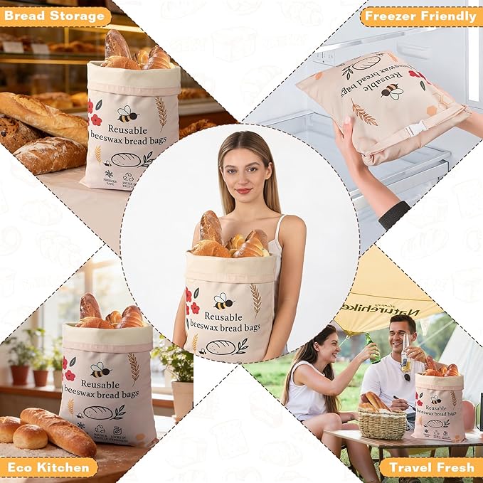 2 Pack XL Reusable Beeswax Bread Bags for Sourdough Baking, Organic Waxed Lined, Cotton Bread Bags for Homemade Bread, Food-Storage Bag to Keep Fresh