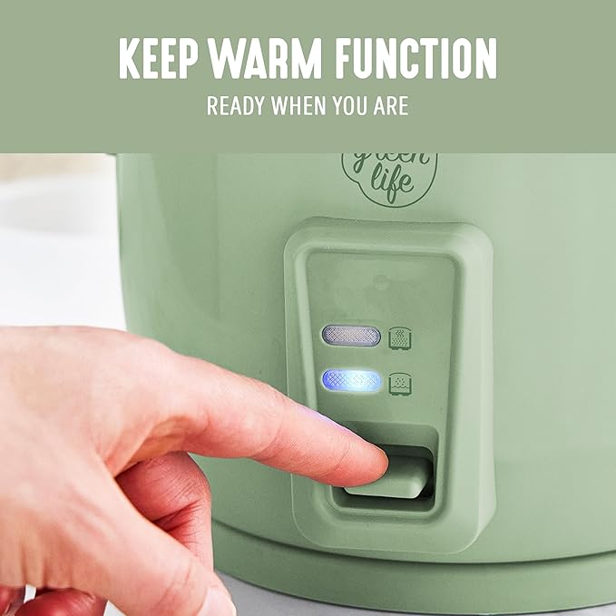 GreenLife Rice Cooker with Removable PFAS-Free Ceramic Nonstick Pot, 3-Cups Uncooked/6-Cups Cooked, Grains & Oatmeal Multicooker, Compact One-Switch Design, Auto Keep Warm, Easy Clean, Sage Green