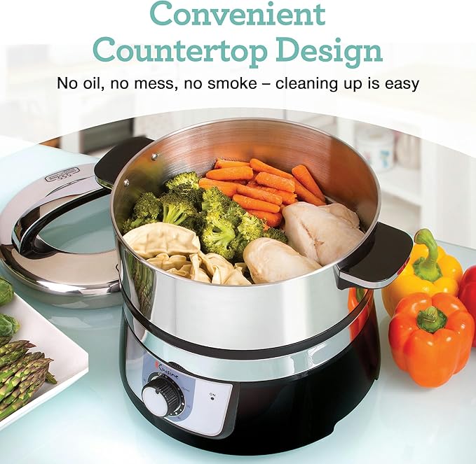 Euro Cuisine FS3200 Electric Food Steamer, Versatile Vegetable Steamer & Steam Cooker for Healthy Cooking, Ideal for Fish, Veggie, Meat, Easy Cleaning, Stainless Steel Design 1200 Watts