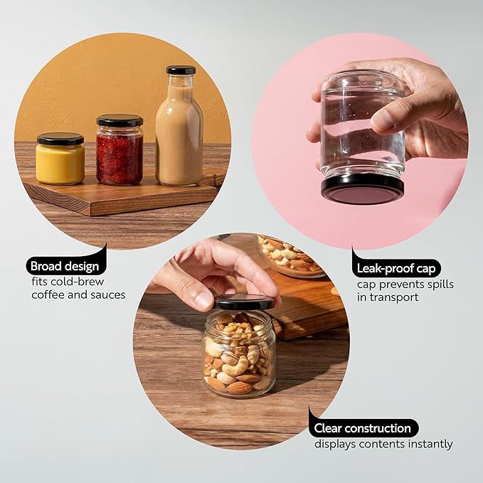 Restaurantware 100 Pack Of Glass Jars, 8 Oz Durable Glass Jars With Lids, Small Mason Jar For Food Reusable Hot And Cold Friendly, For Restaurants And Kitchens, Clear Storage Jar