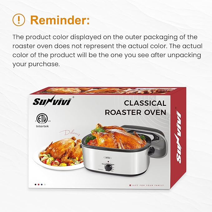 RoyalCraft 24-Quart Electric Roaster Oven with Visible Self-Basting Lid, Turkey Roaster Oven with Removable Pan and Rack, Perfect for Large Meals and Holiday Feasts, Silver